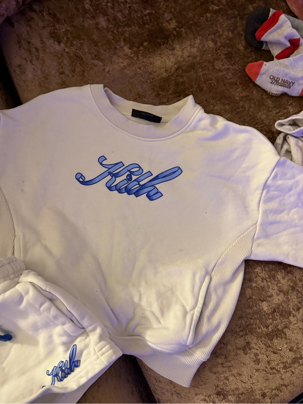 Kith White Kids Sweatshirt & Shorts Set with Blue Script Logo